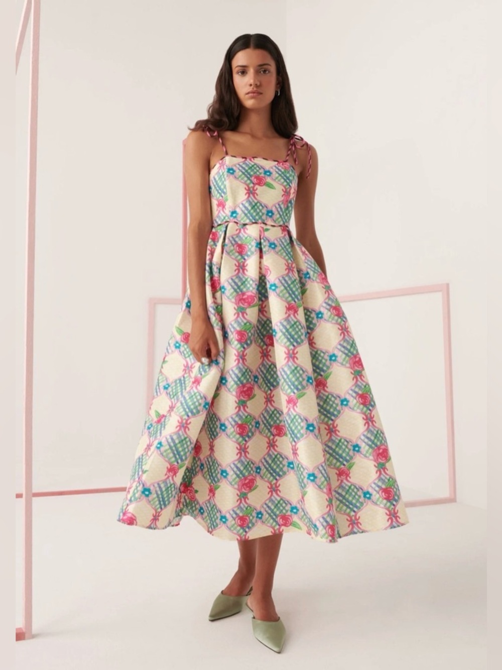 CeliaB Cream Midi Dress with Pink & Teal Floral Pattern